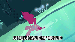 Size: 500x281 | Tagged: safe, screencap, pinkie pie, earth pony, pony, g4, too many pinkie pies, animated, cave, cave pool, female, mirror pool, solo, subtitles