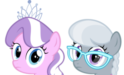 Size: 1024x618 | Tagged: dead source, safe, artist:thatsgrotesque, diamond tiara, silver spoon, earth pony, pony, g4, duo, duo female, female, filly, foal, frown, glasses, looking at you, simple background, stare, sweetie belle's stare, transparent background