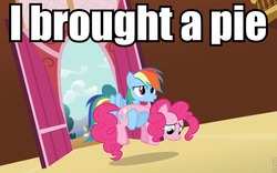 Size: 943x587 | Tagged: safe, edit, edited screencap, screencap, pinkie pie, rainbow dash, pony, g4, my little pony: friendship is magic, too many pinkie pies, carrying, duo, holding a pony, image macro, pie, pun