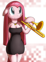 Size: 592x796 | Tagged: safe, artist:tg-0, pinkie pie, earth pony, anthro, semi-anthro, g4, arm hooves, breasts, cleavage, clothes, cute, cuteamena, dress, musical instrument, pinkamena diane pie, trombone