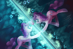 Size: 1329x900 | Tagged: safe, artist:mewball, pinkie pie, g4, too many pinkie pies, cave, cave pool, mirror pool