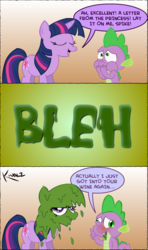 Size: 640x1080 | Tagged: safe, artist:fr33z3dry, spike, twilight sparkle, dragon, pony, unicorn, g4, comic, drunk, drunker spike, female, gross, male, mare, spit take, this will end in pain, twilight sparkle is not amused, underaged drinking, vomit