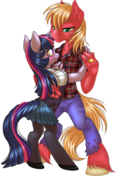 Size: 937x1407 | Tagged: safe, artist:kittehkatbar, big macintosh, twilight sparkle, earth pony, anthro, unguligrade anthro, g4, clothes, dancing, duo, female, hooves, male, ring, ship:twimac, shipping, simple background, skirt, stockings, straight, transparent background, unshorn fetlocks