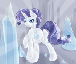 Size: 1744x1460 | Tagged: safe, artist:ratofdrawn, rarity, crystal pony, pony, unicorn, g4, butt, crystal rarity, crystallized, featureless crotch, female, looking at you, looking back, looking back at you, plot, solo