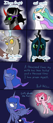 Size: 640x1500 | Tagged: safe, discord, king sombra, pinkie pie, princess celestia, princess luna, queen chrysalis, ask princess luna, g3, g4, ask, comic, fight, g4 to g3, generation leap, hand, nightmare fuel, pinkie's silly face, tumblr