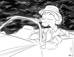 Size: 1280x989 | Tagged: safe, artist:megasweet, granny smith, earth pony, pony, g4, aura, car, clothes, crossover, dark background, driving, empty eyes, fear and loathing in las vegas, female, hat, monochrome, rain, shirt, smoking, solo