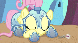 Size: 500x281 | Tagged: safe, screencap, fluttershy, pony, g4, the crystal empire, animated, armor, crystal guard armor, female, hub logo, jousting, jousting outfit, prone, solo
