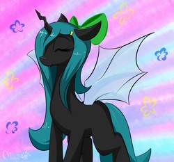 Size: 1500x1400 | Tagged: safe, artist:munkari, queen chrysalis, changeling, changeling queen, g4, bow, cute, cutealis, eyes closed, female, happy, solo