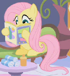 Size: 283x306 | Tagged: safe, screencap, fluttershy, pony, g4, green isn't your color, season 1, animated, cropped, female, magazine, reading, sitting, solo