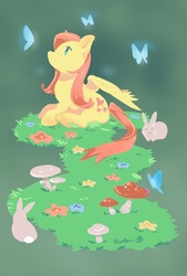 Size: 1181x1748 | Tagged: safe, artist:eundari, fluttershy, butterfly, pegasus, pony, rabbit, g4, animal, female, flower, grass, looking at someone, looking up, mare, mushroom, outdoors, profile, sitting, solo, spread wings, wings