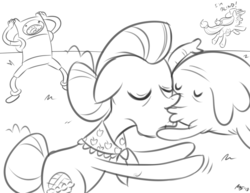 Size: 1280x989 | Tagged: safe, artist:megasweet, applejack, granny smith, earth pony, human, pony, g4, adventure time, butt, crossover, crossover shipping, female, finn the human, kissing, lesbian, lesbian in front of boys, male, monochrome, not salmon, plot, shipping, tree trunks, wat, wtf