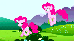 Size: 500x281 | Tagged: safe, screencap, pinkie pie, g4, too many pinkie pies, animated, clone, duo, female, multeity, pinkie clone, pronking, too much pink energy is dangerous