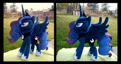 Size: 2037x1077 | Tagged: safe, artist:fireflytwinkletoes, princess luna, alicorn, pony, g4, irl, outdoors, photo, plushie, solo, spread wings, wings