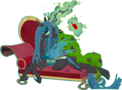 Size: 1573x1164 | Tagged: dead source, safe, artist:cruddydoodles, queen chrysalis, changeling, changeling queen, g4, couch, female, magic, simple background, solo, transparent background, wine