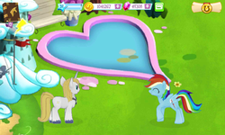 Size: 800x480 | Tagged: safe, gameloft, screencap, prince blueblood, rainbow dash, g4, my little pony: magic princess, crack shipping, dashblood, female, male, ship:bluedash, shipping fuel, straight, swimming pool