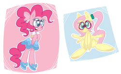 Size: 1280x777 | Tagged: safe, artist:fruttistdar, fluttershy, pinkie pie, earth pony, pegasus, pony, g4, bipedal, bow, braces, clothes, dress, glasses, ponytail, shoes, sitting