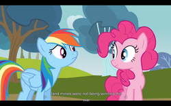 Size: 1024x640 | Tagged: safe, screencap, pinkie pie, rainbow dash, g4, my little pony: friendship is magic, too many pinkie pies, youtube caption