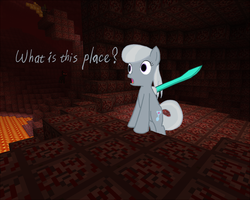 Size: 1000x800 | Tagged: safe, artist:fantasyglow, silver spoon, earth pony, pony, g4, crossover, diamond sword, female, filly, foal, lava, lonely spoon, mare, minecraft, nether (minecraft), solo, sword, tumblr, weapon