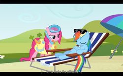 Size: 1024x640 | Tagged: safe, screencap, pinkie pie, rainbow dash, g4, too many pinkie pies, beach chair, chair, sunbathing, sunglasses, youtube caption