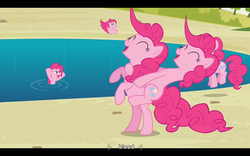 Size: 1024x640 | Tagged: safe, edit, edited screencap, screencap, pinkie pie, earth pony, pony, g4, too many pinkie pies, caption, clone, eyes closed, female, hoofy-kicks, mare, out of context, pinkie clone, ponies riding ponies, rearing, riding, text, youtube caption