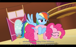 Size: 1024x640 | Tagged: safe, screencap, pinkie pie, rainbow dash, pony, g4, too many pinkie pies, holding a pony, youtube caption