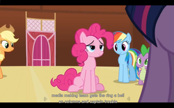 Size: 1024x640 | Tagged: safe, screencap, applejack, pinkie pie, rainbow dash, spike, twilight sparkle, dragon, g4, too many pinkie pies, male, youtube caption