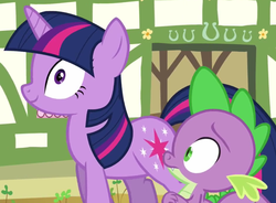 Size: 832x614 | Tagged: safe, screencap, spike, twilight sparkle, dragon, g4, too many pinkie pies, cropped, duo, male