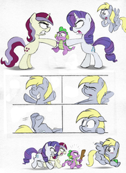Size: 1505x2065 | Tagged: safe, artist:epulson, derpy hooves, moondancer (g1), rarity, spike, pegasus, pony, unicorn, g1, g4, comic, female, g1 to g4, generation leap, horn, love triangle, male, mare, ship:derpyspike, ship:sparity, ship:spikedancer, shipping, shipping war, spike gets all the mares, straight