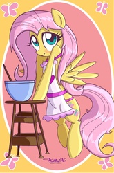 Size: 1320x2004 | Tagged: safe, artist:walliscolours, fluttershy, pegasus, pony, g4, apron, bipedal, blushing, clothes, cooking, cute, female, looking at you, mare, shyabetes, smiling, smiling at you, solo