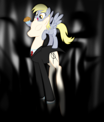 Size: 1280x1500 | Tagged: safe, artist:jan, derpy hooves, pegasus, pony, g4, duo, female, food, mare, muffin, slendermane, slenderpony