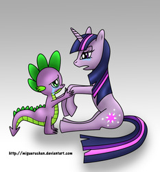 Size: 1100x1180 | Tagged: safe, artist:migueruchan, spike, twilight sparkle, g4, crying