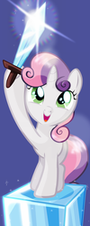 Size: 768x1920 | Tagged: safe, artist:jan, sweetie belle, pony, unicorn, ask the crusaders, g4, blue background, dexterous hooves, diamond, diamond sword, female, filly, foal, hoof hold, magnetic hooves, minecraft, simple background, solo, sword, weapon