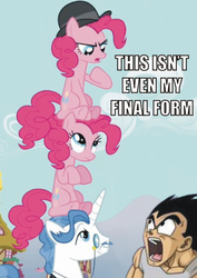 Size: 500x705 | Tagged: safe, edit, screencap, fancypants, pinkie pie, earth pony, pony, unicorn, g4, too many pinkie pies, clone, dragon ball, dragon ball z, female, hat, image macro, male, mare, meme, pinkie clone, sitting, sitting on head, stallion, vegeta