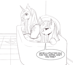 Size: 1152x1024 | Tagged: safe, artist:jalm, princess celestia, princess luna, alicorn, pony, g4, bath, butt, cute, cutelestia, dialogue, female, frown, lineart, looking back, mare, monochrome, mouth hold, nom, nose wrinkle, open mouth, plot, rubber duck, s1 luna, sisters, smiling, strategically covered, sunbutt, unamused, water, wet, wet mane, younger