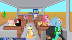 Size: 7680x4320 | Tagged: safe, artist:serendipony, apple bloom, applejack, fluttershy, pinkie pie, rainbow dash, rarity, scootaloo, sweetie belle, twilight sparkle, oc, bird, duck, pegasus, pony, unicorn, g4, absurd resolution, caramelldansen, club soda, creepy doll, cutie mark crusaders, desert, desert bus for hope, magic the gathering, roscoe p jangles iv