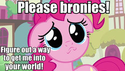 Size: 947x540 | Tagged: safe, pinkie pie, g4, bronybait, fourth wall, image macro, sad