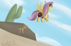 Size: 1000x655 | Tagged: safe, artist:mattatatta, fluttershy, lizard, reptile, survivor shy, g4, bruised, desert