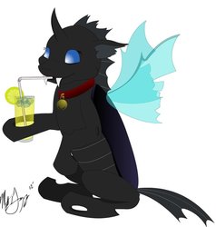 Size: 871x916 | Tagged: safe, artist:ironhooves, oc, oc only, oc:kuno, changeling, fanfic:an affliction of the heart, bell, bell collar, changeling oc, collar, drinking, female, female changeling, lemonade, solo