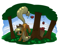 Size: 2387x1870 | Tagged: safe, artist:underpable, applejack, earth pony, pony, g4, apple, applebucking, basket, female, fence, grin, kicking, solo, tree, trunk