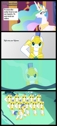 Size: 1500x3300 | Tagged: safe, artist:lightningtumble, princess celestia, alicorn, earth pony, pony, g4, cave, cave pool, clone, cloning, comic, female, male, mare, mirror pool, royal guard, saluting guards, stallion