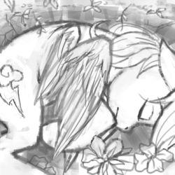 Size: 500x500 | Tagged: source needed, safe, artist:crookedtrees, rainbow dash, pegasus, pony, g4, dead, female, mare, monochrome