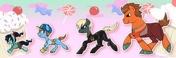 Size: 1600x534 | Tagged: dead source, safe, artist:shufflestripes, armor, calhoun, candy, fix-it felix jr., hero's duty, ponified, sugar rush, vanellope von schweetz, wreck-it ralph