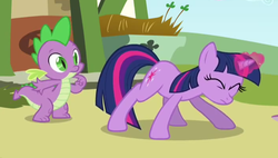 Size: 701x399 | Tagged: safe, screencap, spike, twilight sparkle, dragon, pony, unicorn, g4, my little pony: friendship is magic, too many pinkie pies, duo, duo male and female, eyes closed, female, magic, male, mare, out of context, ponyville, unicorn twilight