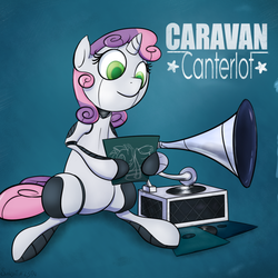 Size: 800x800 | Tagged: safe, artist:subjectnumber2394, sweetie belle, pony, robot, unicorn, g4, album cover, caravan palace, female, filly, gramophone, hooves, horn, open mouth, ponified, ponified album cover, sitting, solo, sweetie bot, text