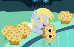 Size: 5000x3200 | Tagged: safe, artist:beavernator, derpy hooves, pony, g4, baby, baby pony, cave, cave pool, cute, derpabetes, diaper, filly, foal, googly eyes, mirror pool, muffin, that pony sure does love muffins