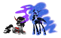 Size: 3403x2125 | Tagged: safe, artist:wolframclaws, king sombra, nightmare moon, alicorn, pony, g4, female, male, mare, shipping, simple background, sombramoon, straight, transparent background, tsundere, tsundere moon