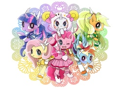 Size: 1000x740 | Tagged: safe, artist:asads, applejack, fluttershy, pinkie pie, rainbow dash, rarity, twilight sparkle, earth pony, pegasus, pony, unicorn, g4, anime, candy (smile precure), clothes, cosplay, costume, cure beauty, cure happy, cure march, cure peace, cure sunny, mane six, pixiv, precure, pretty cure, smile precure, unicorn twilight
