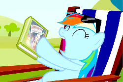 Size: 500x334 | Tagged: safe, screencap, daring do, rainbow dash, pony, g4, too many pinkie pies, animated, beach chair, book, chair, cropped, female, solo, sunglasses, yawn