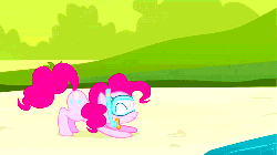 Size: 500x281 | Tagged: safe, screencap, pinkie pie, earth pony, pony, g4, too many pinkie pies, animated, female, goggles, jumping, mare, snorkel, solo, swim mask