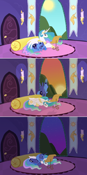 Size: 1366x2733 | Tagged: source needed, safe, artist:bux, princess celestia, princess luna, alicorn, pony, g4, day night shift, female, lying down, mare, moon work, prone, s1 luna, sisters, sleeping, sun work